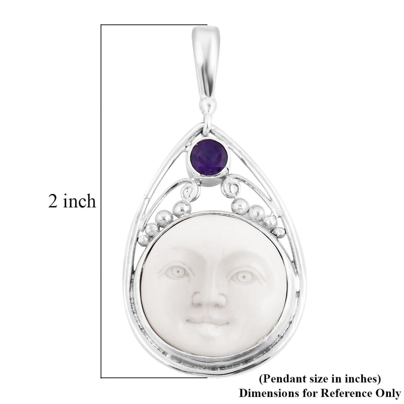 Sajen Silver Carved Bone and Abalone Shell and Multi Gemstone Reversible Pendant in Sterling Silver 0.85 ctw