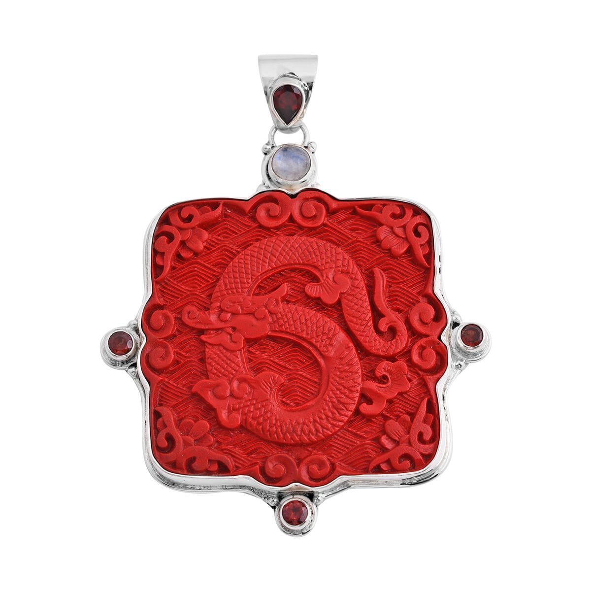 Sajen Silver Simulated Cinnabar Carved and Multi Gemstone Dragon Pendant in Sterling Silver 7.00 ctw image number 0