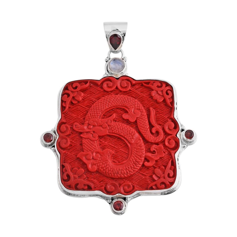 Sajen Silver Simulated Cinnabar Carved and Multi Gemstone Dragon Pendant in Sterling Silver 7.00 ctw