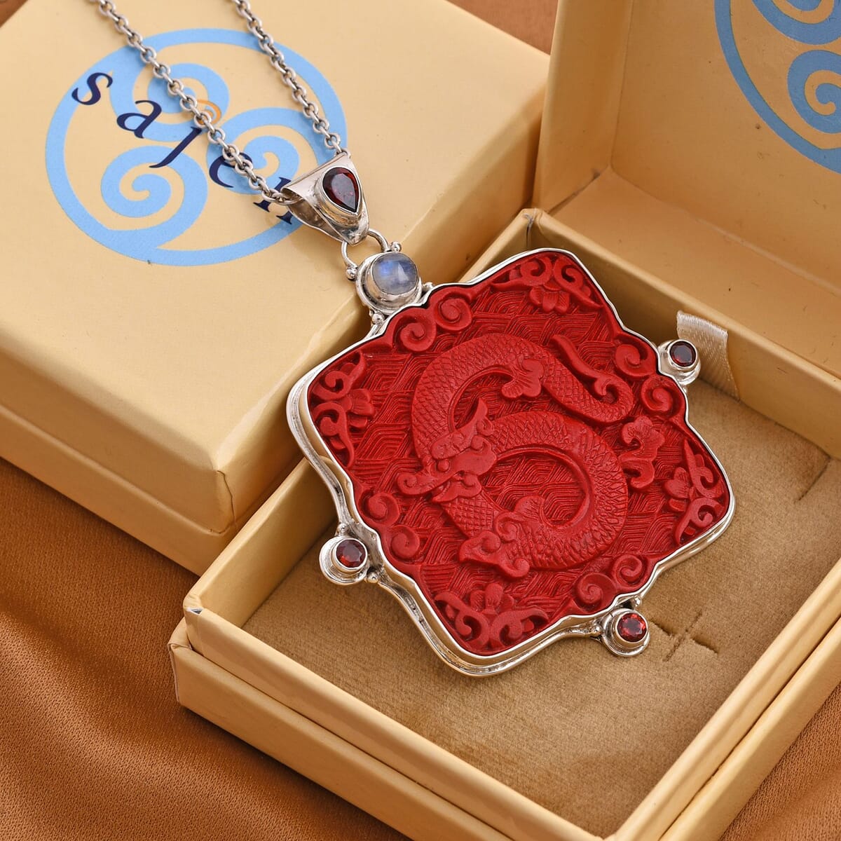 Sajen Silver Simulated Cinnabar Carved and Multi Gemstone Dragon Pendant in Sterling Silver 7.00 ctw image number 1