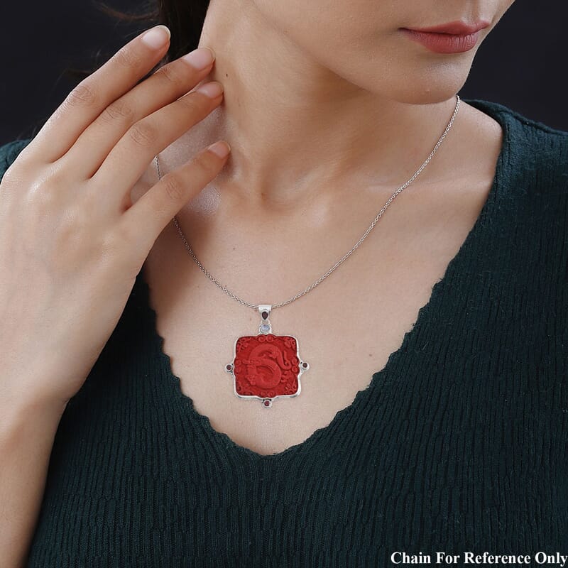 Sajen Silver Simulated Cinnabar Carved and Multi Gemstone Dragon Pendant in Sterling Silver 7.00 ctw
