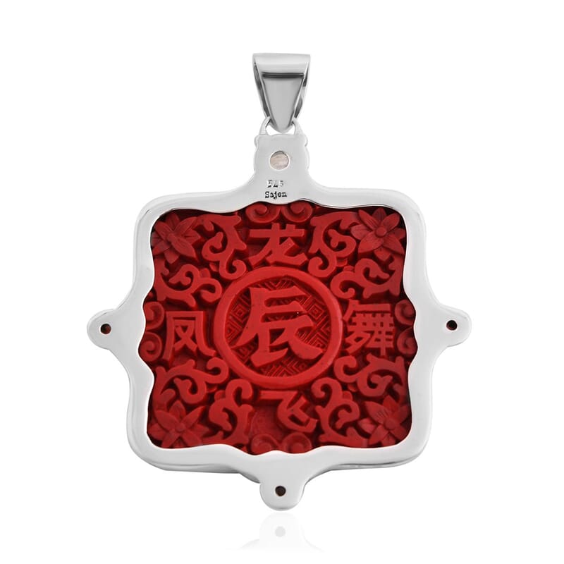 Sajen Silver Simulated Cinnabar Carved and Multi Gemstone Dragon Pendant in Sterling Silver 7.00 ctw