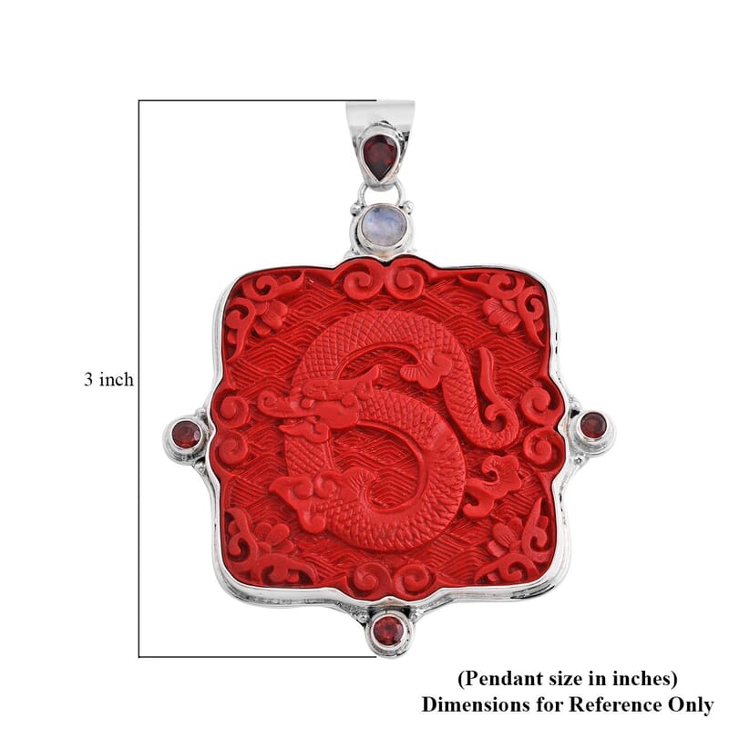 Sajen Silver Simulated Cinnabar Carved and Multi Gemstone Dragon Pendant in Sterling Silver 7.00 ctw