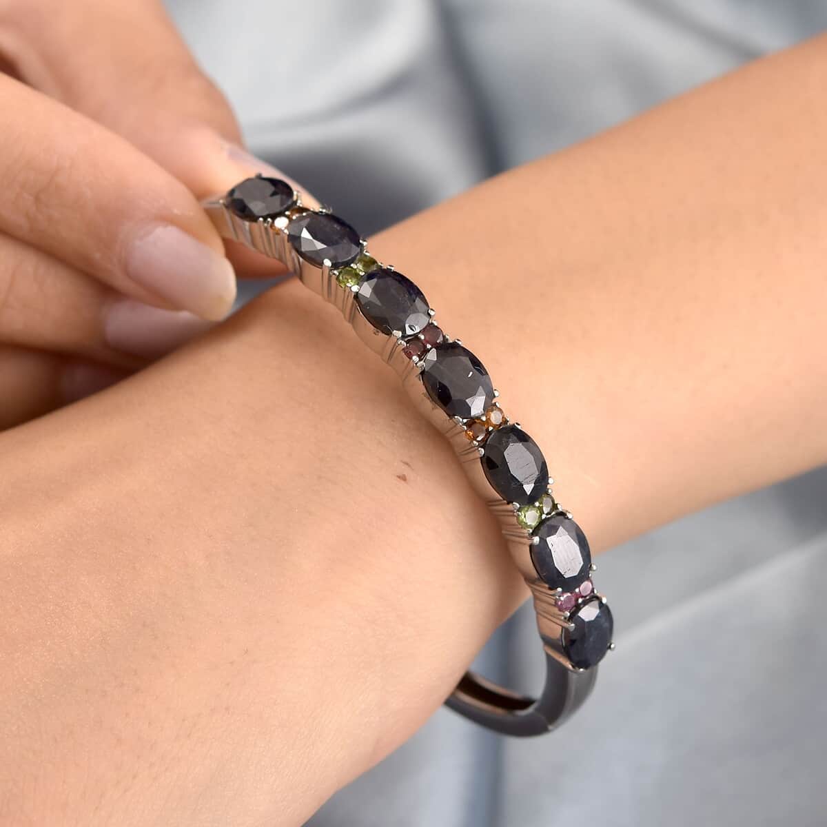 Midnight Sapphire and Multi-Tourmaline Bangle Bracelet in Stainless Steel (6.50 In) 20.25 ctw image number 2
