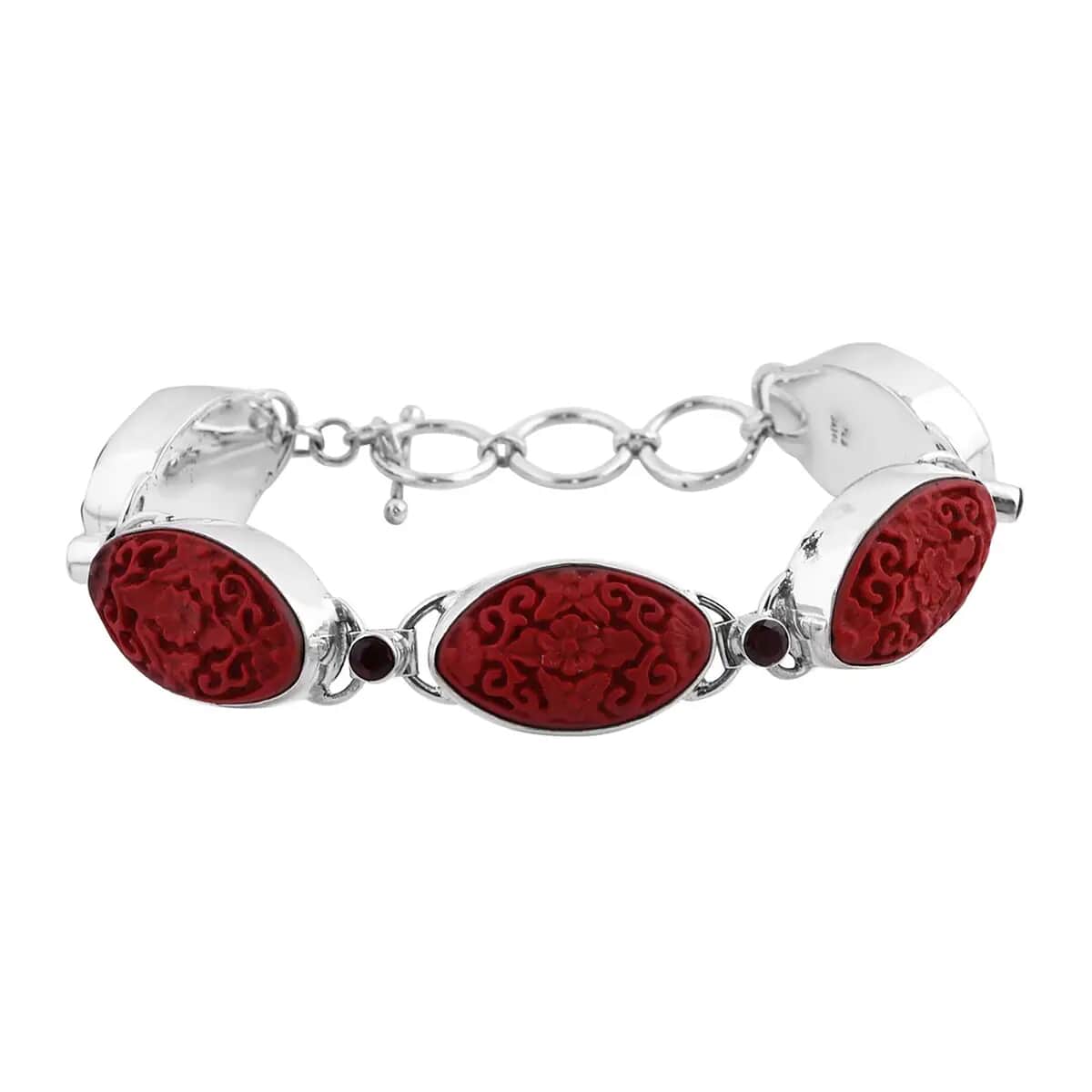 Sajen Silver Simulated Cinnabar Carved and Mozambique Garnet 42.10 ctw Butterfly & Floral Toggle Clasp Bracelet in Sterling Silver 6.50-8.50 image number 0