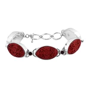 Sajen Silver Simulated Cinnabar Carved and Mozambique Garnet 42.10 ctw Butterfly & Floral Toggle Clasp Bracelet in Sterling Silver 6.50-8.50