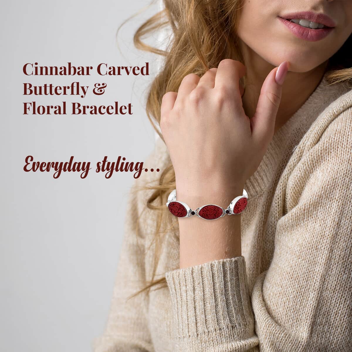 Sajen Silver Simulated Cinnabar Carved and Mozambique Garnet 42.10 ctw Butterfly & Floral Toggle Clasp Bracelet in Sterling Silver 6.50-8.50 image number 2