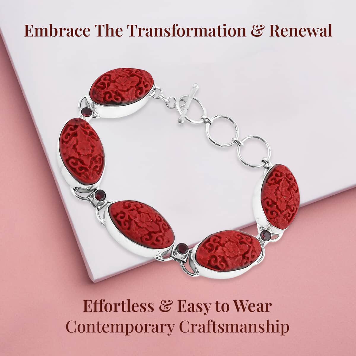 Sajen Silver Simulated Cinnabar Carved and Mozambique Garnet 42.10 ctw Butterfly & Floral Toggle Clasp Bracelet in Sterling Silver 6.50-8.50 image number 3