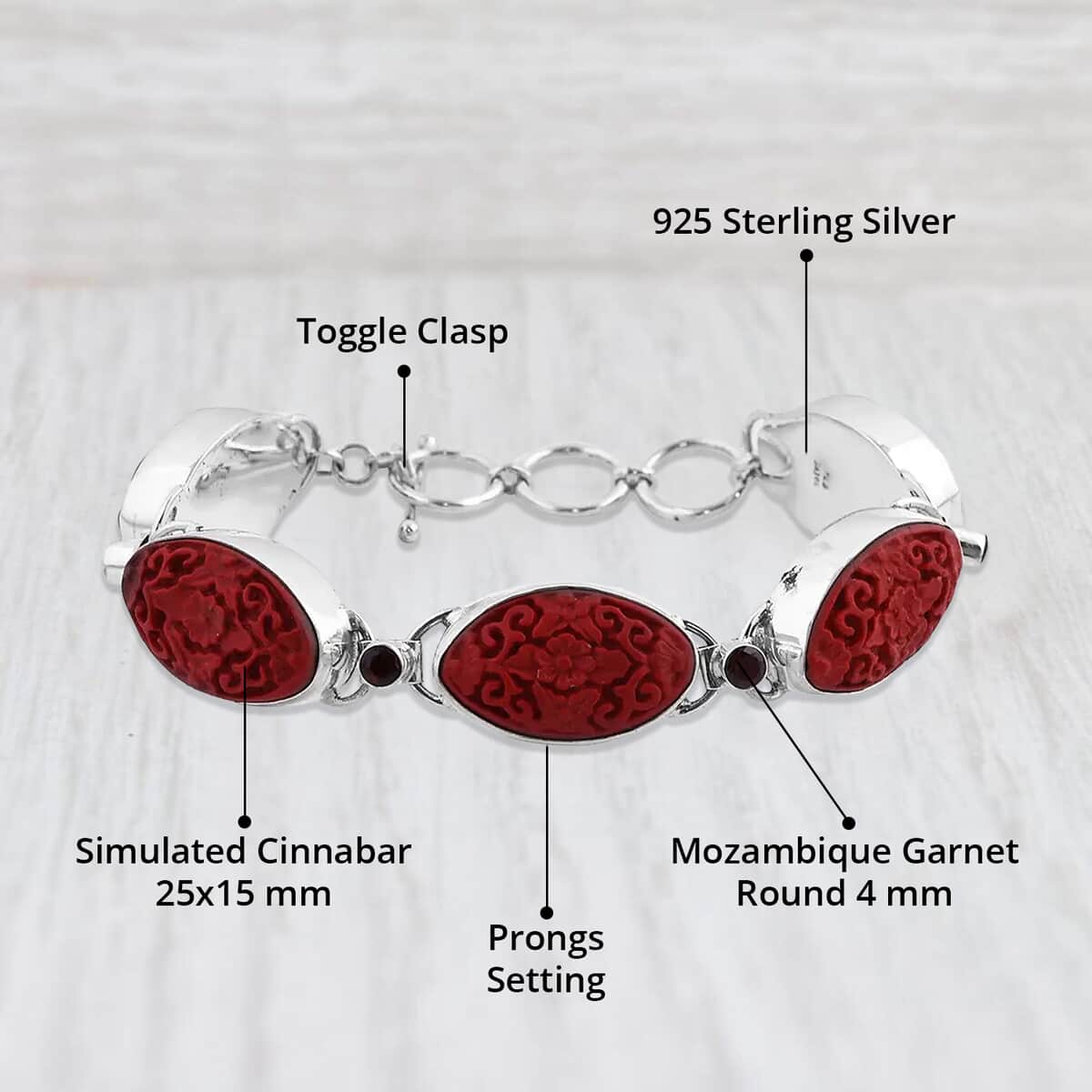 Sajen Silver Simulated Cinnabar Carved and Mozambique Garnet 42.10 ctw Butterfly & Floral Toggle Clasp Bracelet in Sterling Silver 6.50-8.50 image number 4