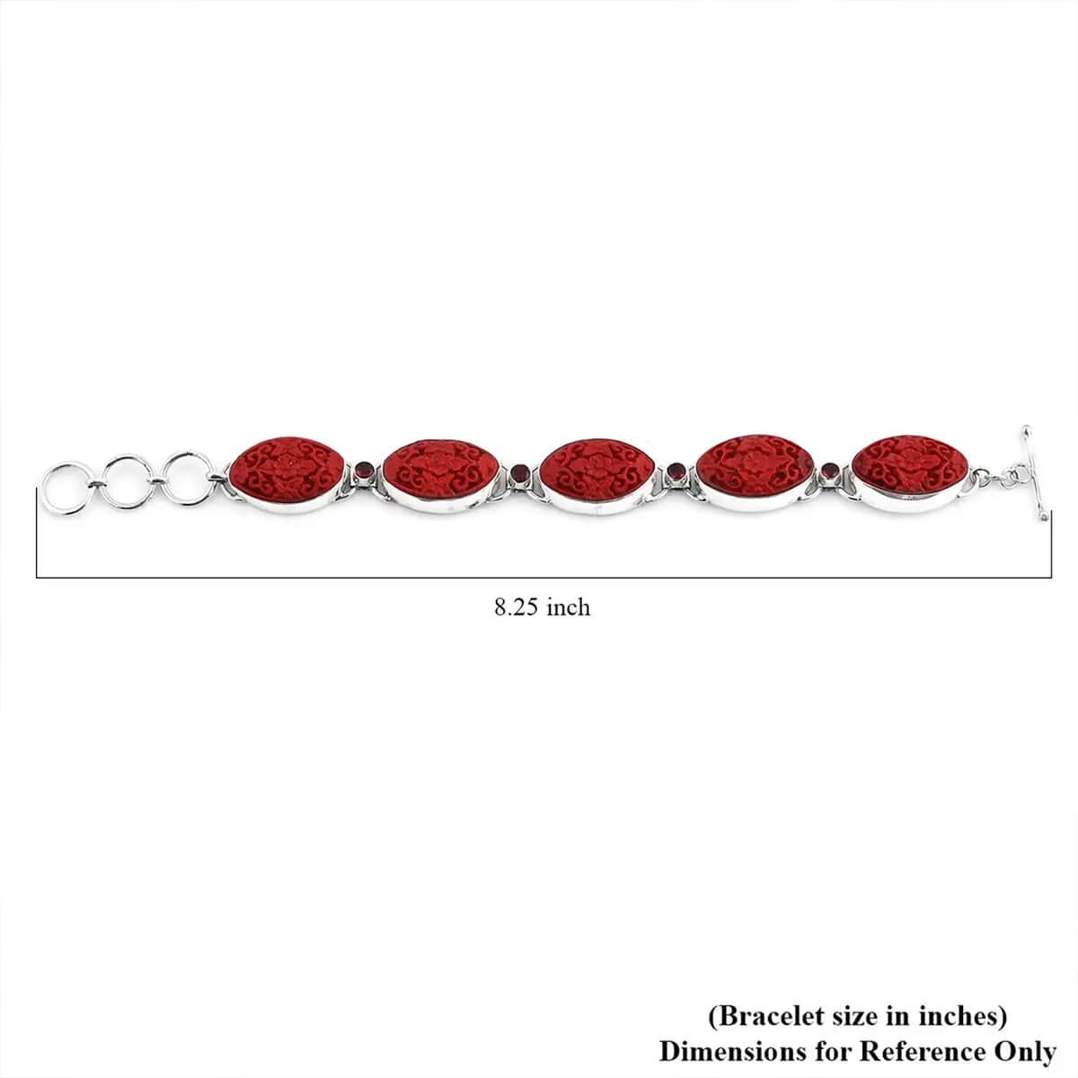 Sajen Silver Simulated Cinnabar Carved and Mozambique Garnet 42.10 ctw Butterfly & Floral Toggle Clasp Bracelet in Sterling Silver 6.50-8.50 image number 6