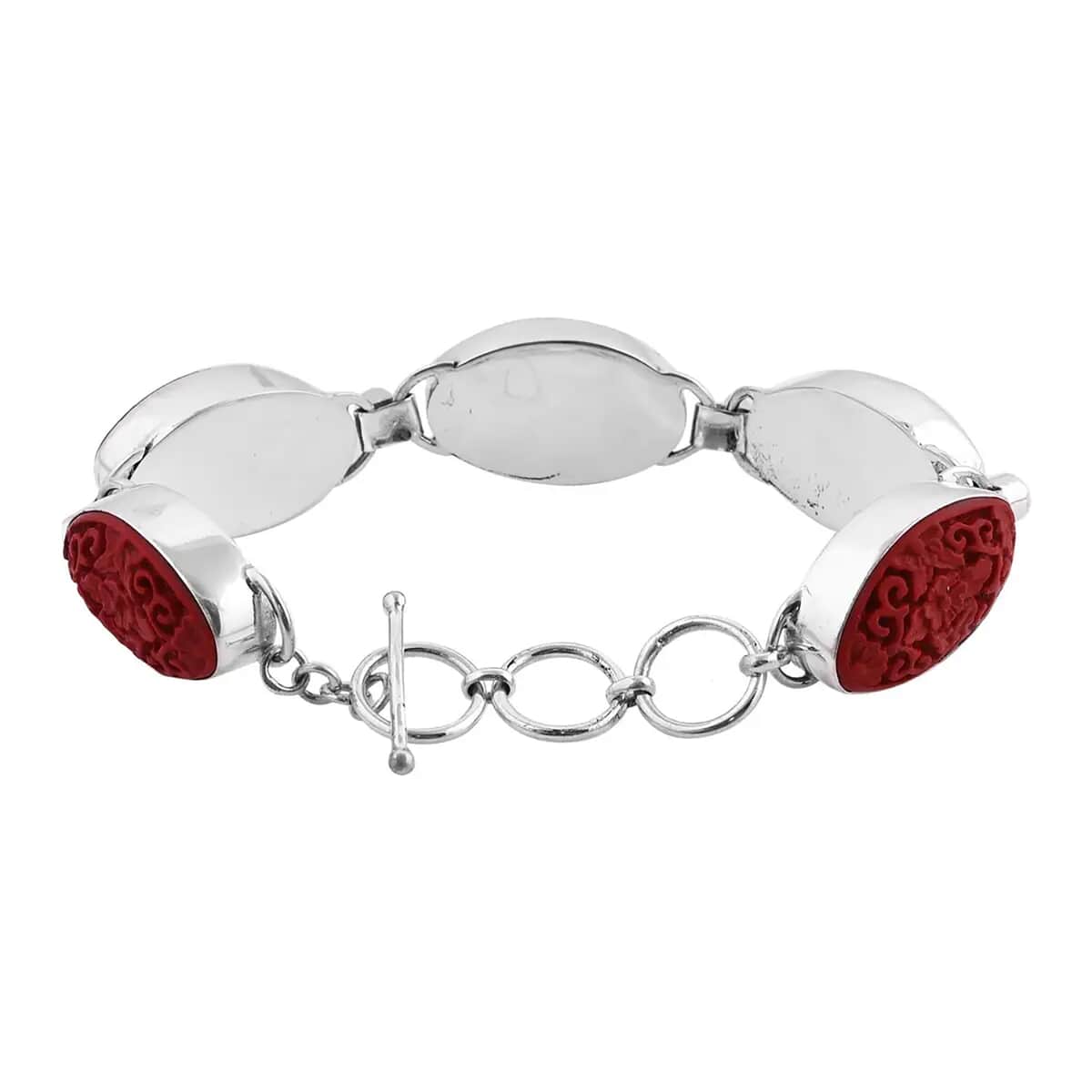 Sajen Silver Simulated Cinnabar Carved and Mozambique Garnet 42.10 ctw Butterfly & Floral Toggle Clasp Bracelet in Sterling Silver 6.50-8.50 image number 7