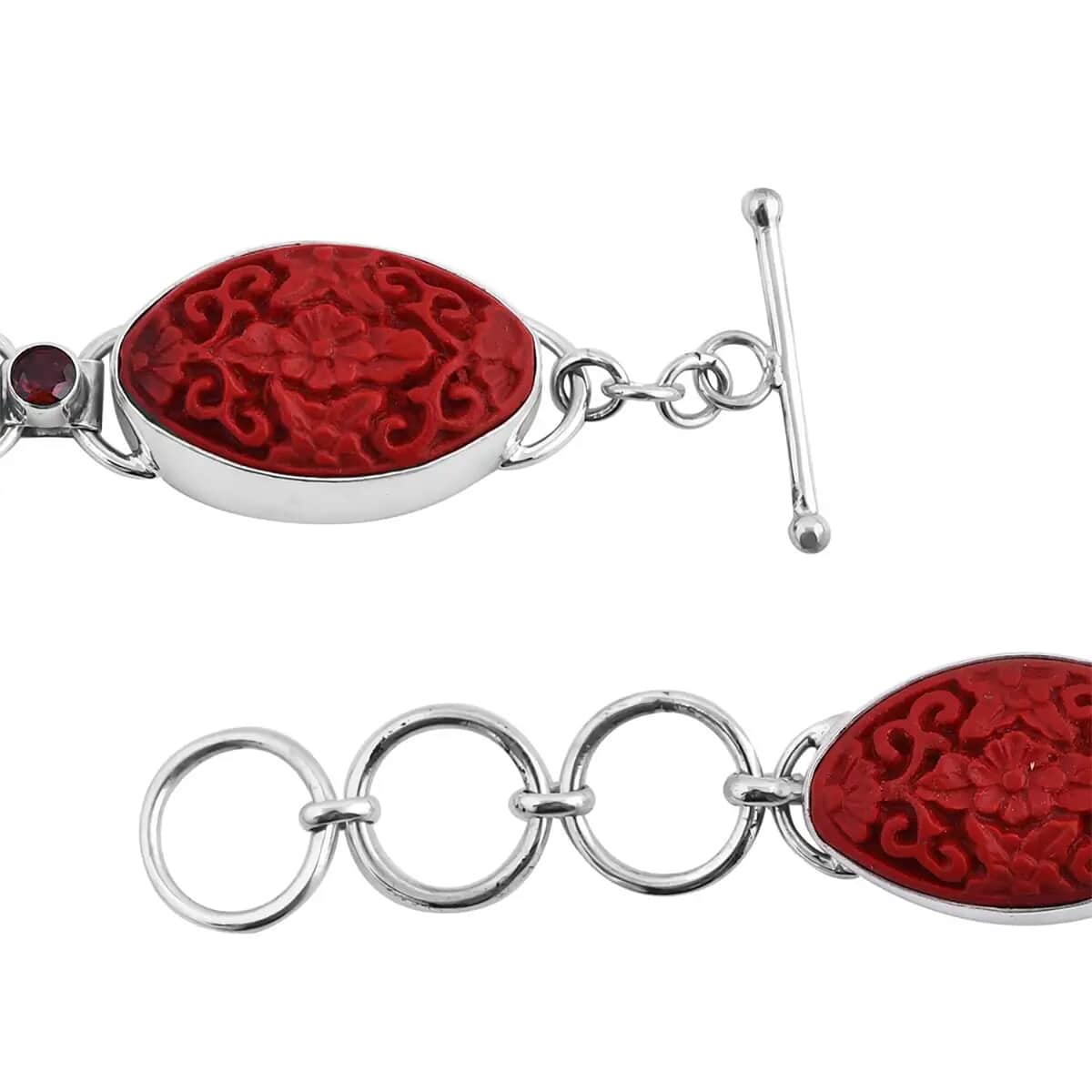 Sajen Silver Simulated Cinnabar Carved and Mozambique Garnet 42.10 ctw Butterfly & Floral Toggle Clasp Bracelet in Sterling Silver 6.50-8.50 image number 8