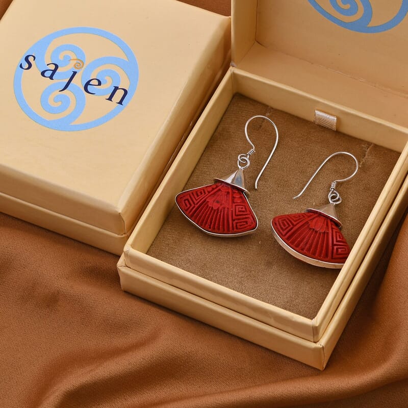 Sajen Silver Simulated Cinnabar Carved Dangle Earrings in Sterling Silver 21.20 ctw