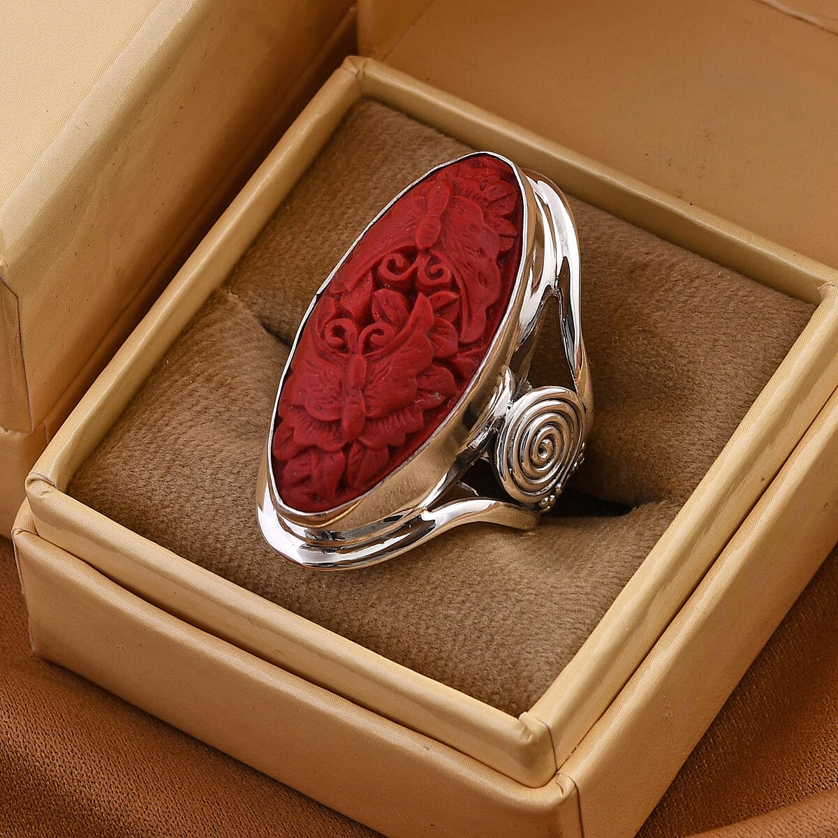 Sajen Silver Simulated Cinnabar Carved Butterfly Ring in Sterling Silver (Size 10.0) 17.85 ctw image number 1