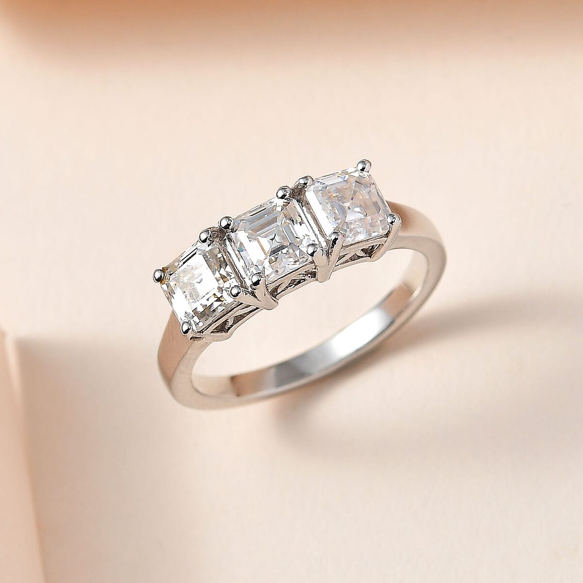 Asscher Cut Moissanite 3 Stone Ring in Platinum Over Sterling Silver (Size 10.0) 2.00 ctw image number 1