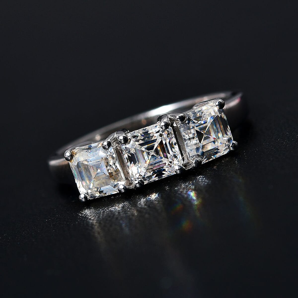 Asscher Cut Moissanite 3 Stone Ring in Platinum Over Sterling Silver (Size 10.0) 2.00 ctw image number 2