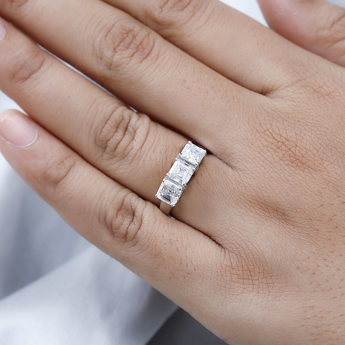 Asscher Cut Moissanite 3 Stone Ring in Platinum Over Sterling Silver (Size 10.0) 2.00 ctw image number 3