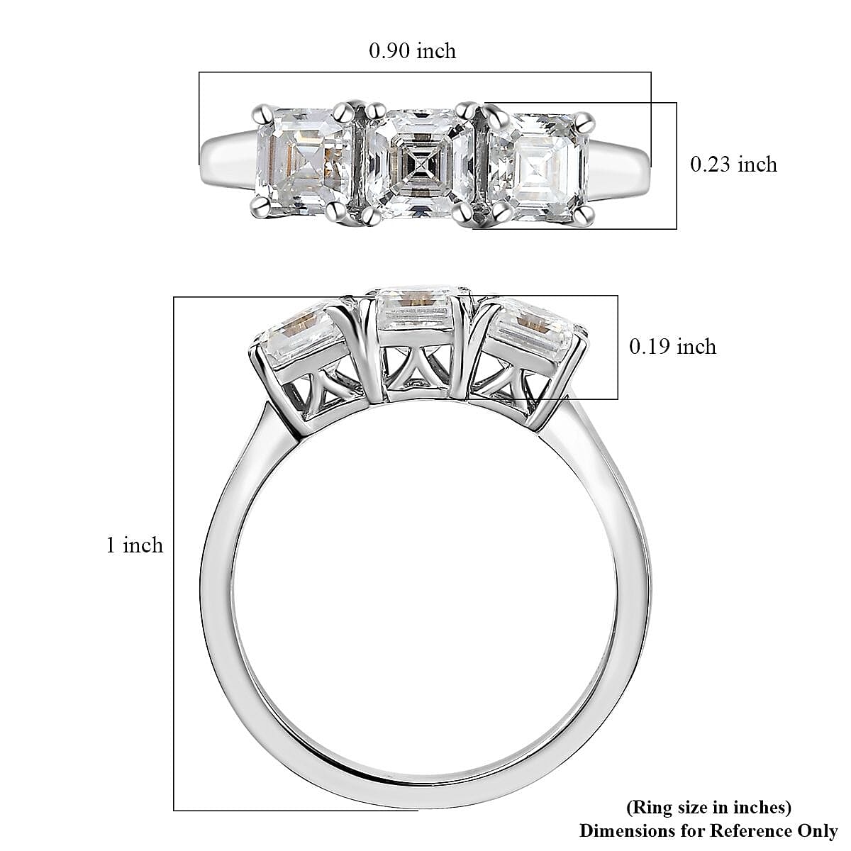 Asscher Cut Moissanite 3 Stone Ring in Platinum Over Sterling Silver (Size 10.0) 2.00 ctw image number 6