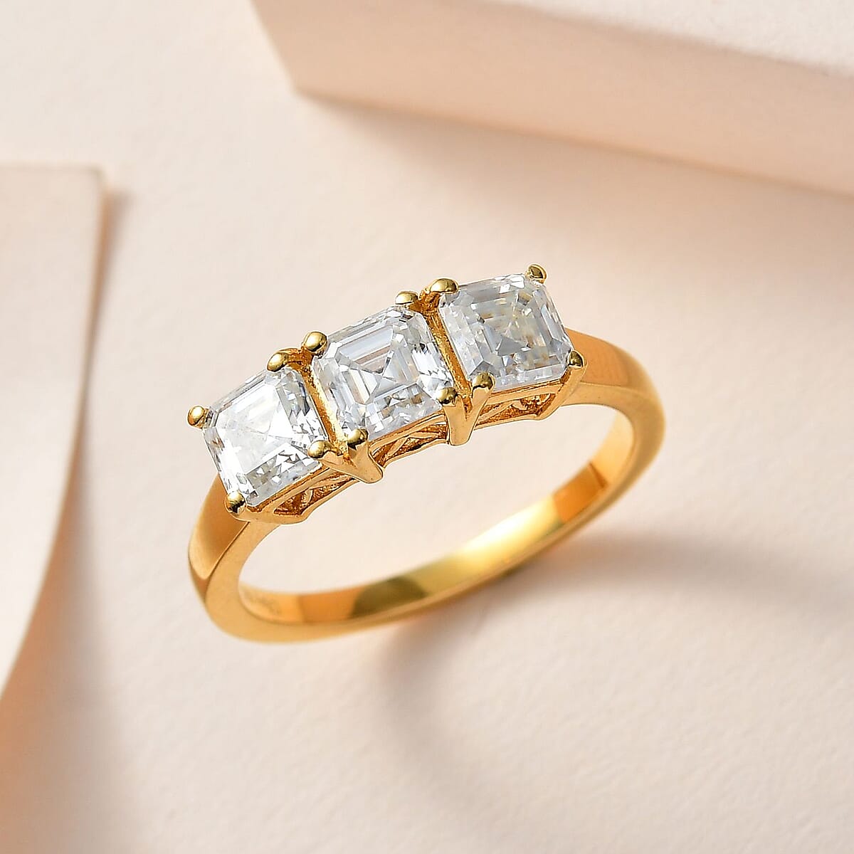 Asscher Cut Moissanite 3 Stone Ring in Vermeil Yellow Gold Over Sterling Silver (Size 6.0) 2.00 ctw image number 1