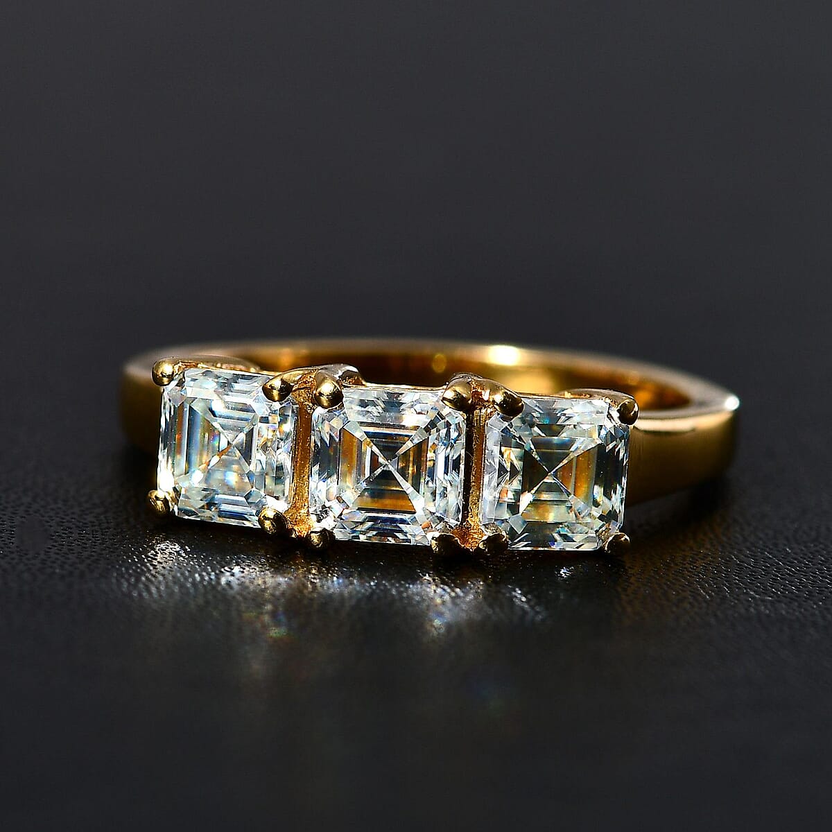 Asscher Cut Moissanite 2.00 ctw 3 Stone Ring in Vermeil Yellow Gold Over Sterling Silver (Size 9.0) image number 2