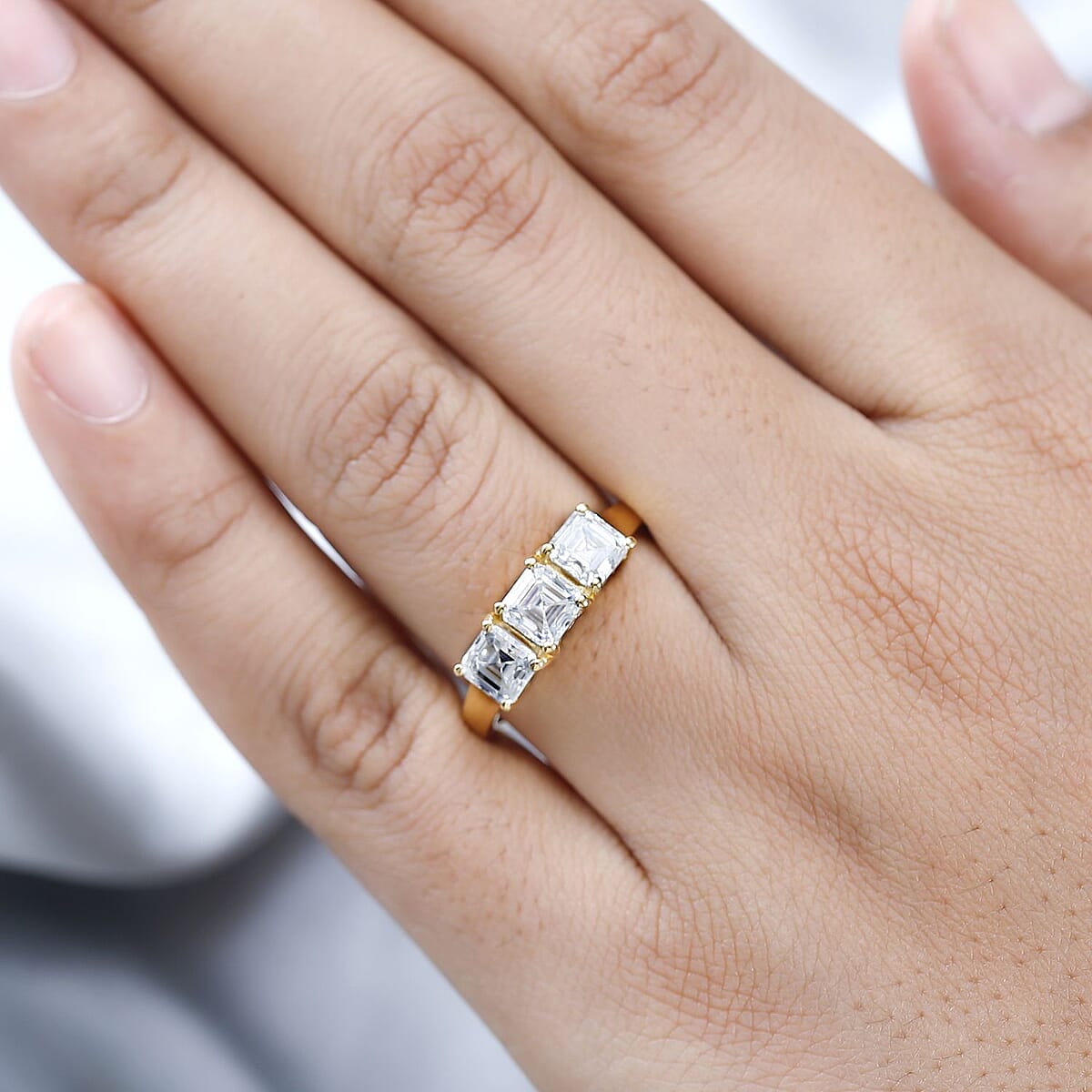 Asscher Cut Moissanite 2.00 ctw 3 Stone Ring in Vermeil Yellow Gold Over Sterling Silver (Size 9.0) image number 3