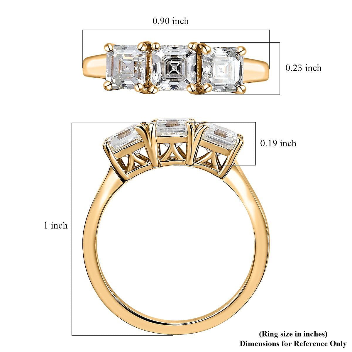 Asscher Cut Moissanite 2.00 ctw 3 Stone Ring in Vermeil Yellow Gold Over Sterling Silver (Size 9.0) image number 6