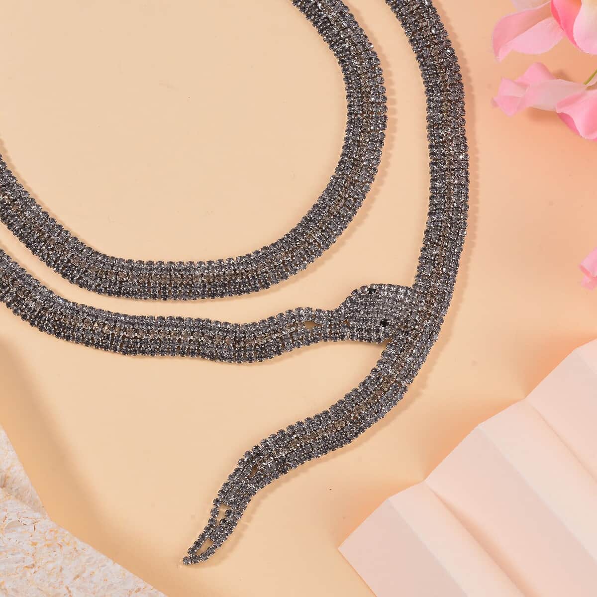Black and Grey Austrian Crystal Snake Necklace 34.50 Inches in Silvertone image number 1