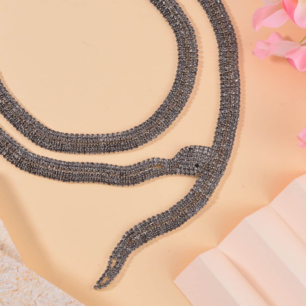 Black and Grey Austrian Crystal Snake Necklace in in Silvertone 34.50 Inches image number 1