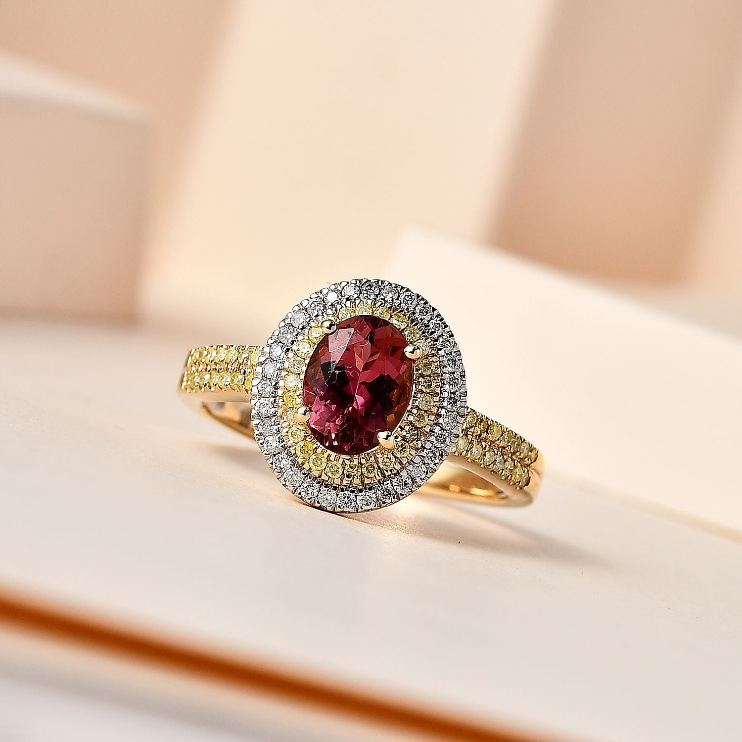 Luxoro 14K Yellow Gold AAA Natural Calabar Pink Tourmaline, I2-I3 Natural Yellow and White Diamond Ring (Size 10.0) 1.75 ctw