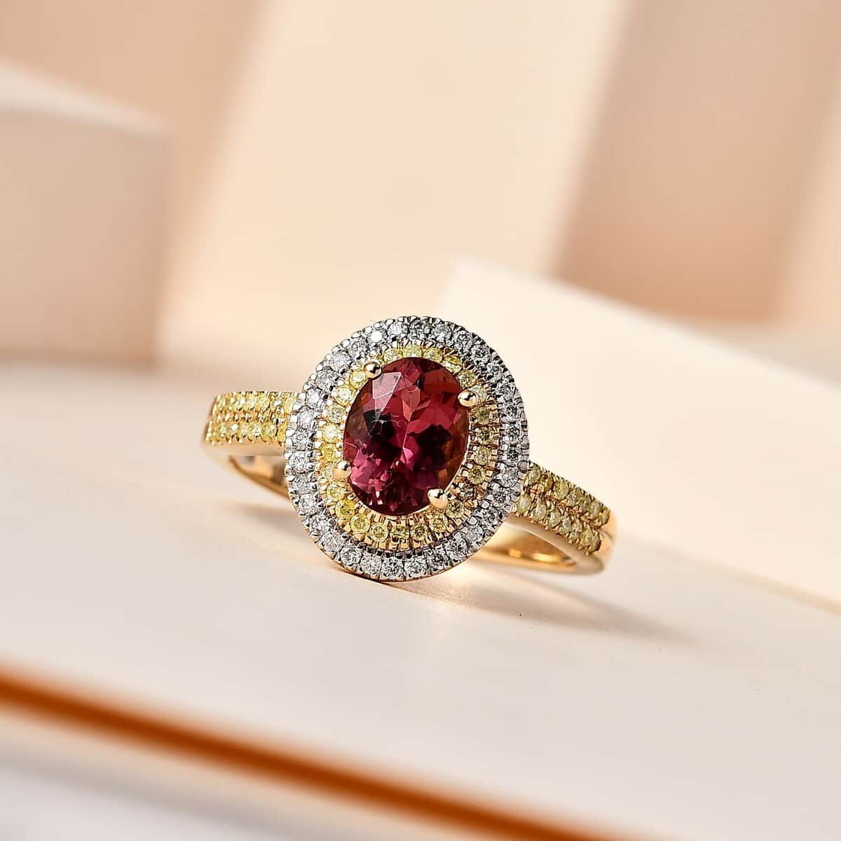 Luxoro 14K Yellow Gold AAA Natural Calabar Pink Tourmaline, I2-I3 Natural Yellow and White Diamond Ring (Size 9.0) 1.75 ctw image number 1