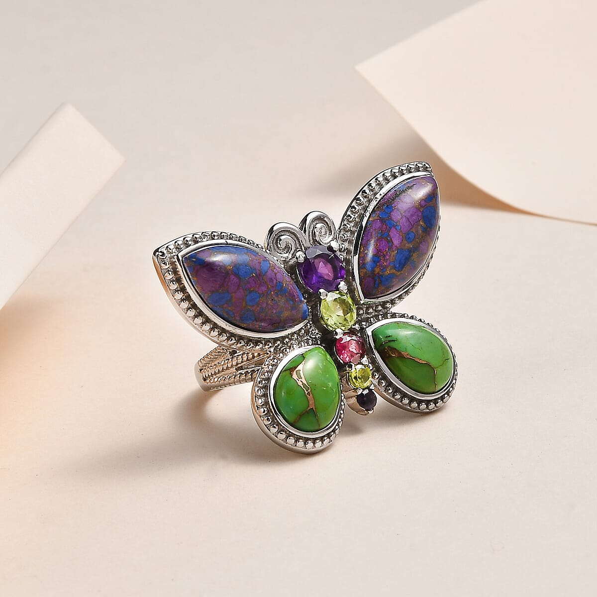 Mojave Purple Turquoise and Multi Gemstone Butterfly Ring in Stainless Steel (Size 6.0) 9.10 ctw image number 1