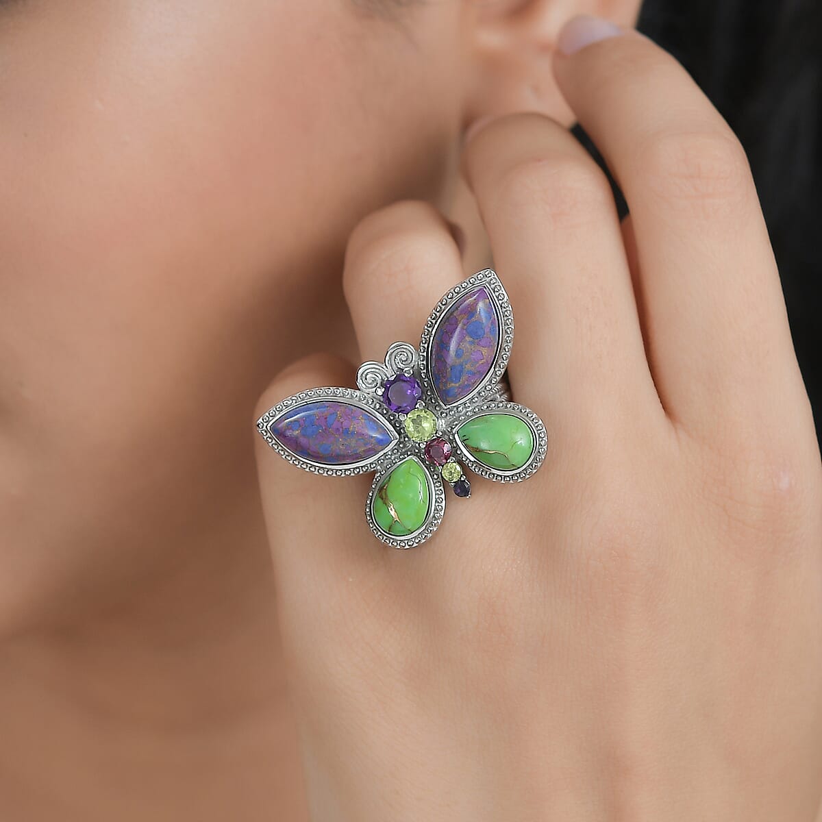 Mojave Purple Turquoise and Multi Gemstone Butterfly Ring in Stainless Steel (Size 6.0) 9.10 ctw image number 2