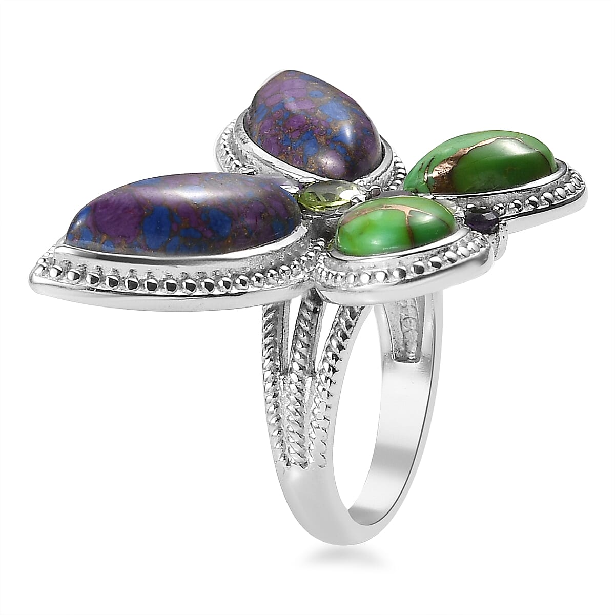 Mojave Purple Turquoise and Multi Gemstone Butterfly Ring in Stainless Steel (Size 6.0) 9.10 ctw image number 3