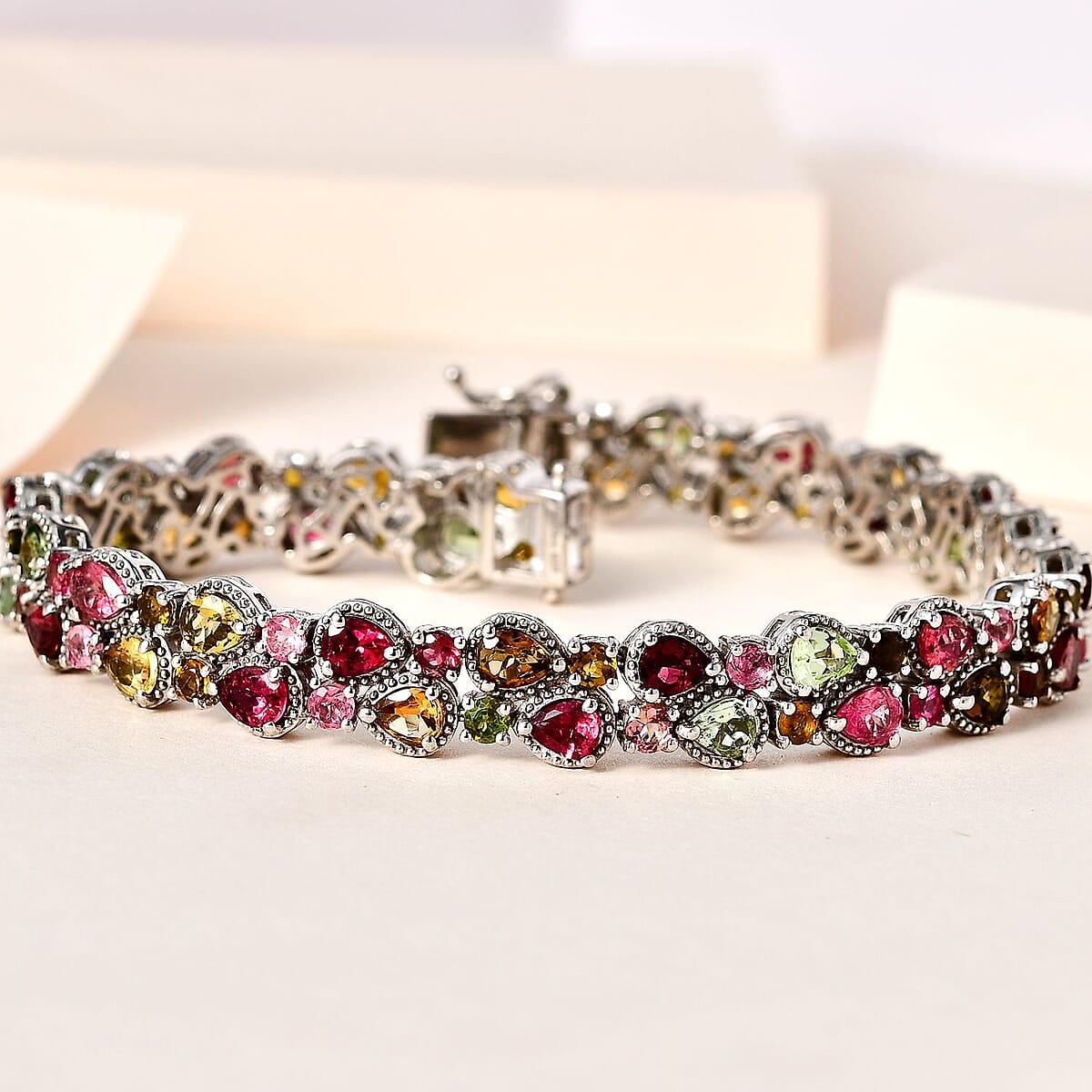 Multi-Tourmaline 2 Row Bracelet in Platinum Over Sterling Silver (8.00 In) 16.35 ctw image number 1