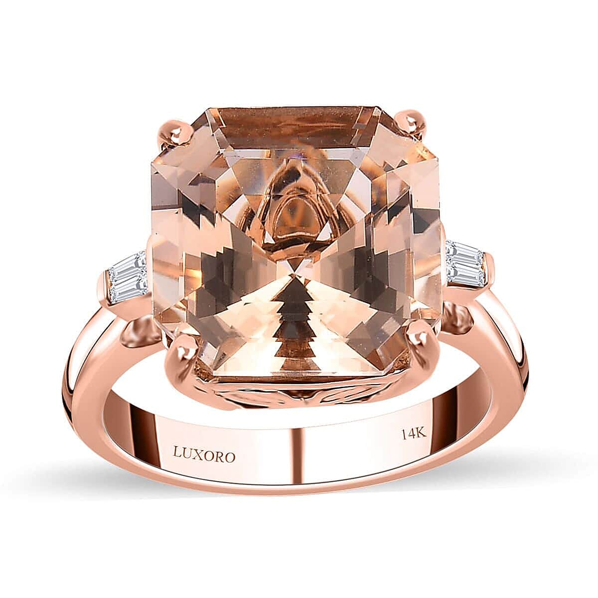 Luxoro 14K Rose Gold Asscher Cut AAA Marropino Morganite, Diamond (I3) Ring (Size 10.0) (5.60 g) 6.60 ctw image number 0