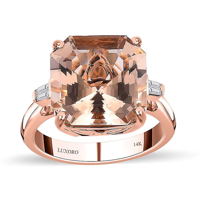 Luxoro Asscher Cut AAA Marropino Morganite and I3 Diamond 6.60 ctw Ring in 14K Rose Gold (Size 10.0) 5.60 Grams