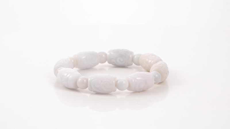 Natural Jade Carved Barrel and Beaded Stretch Bracelet 326.00 ctw