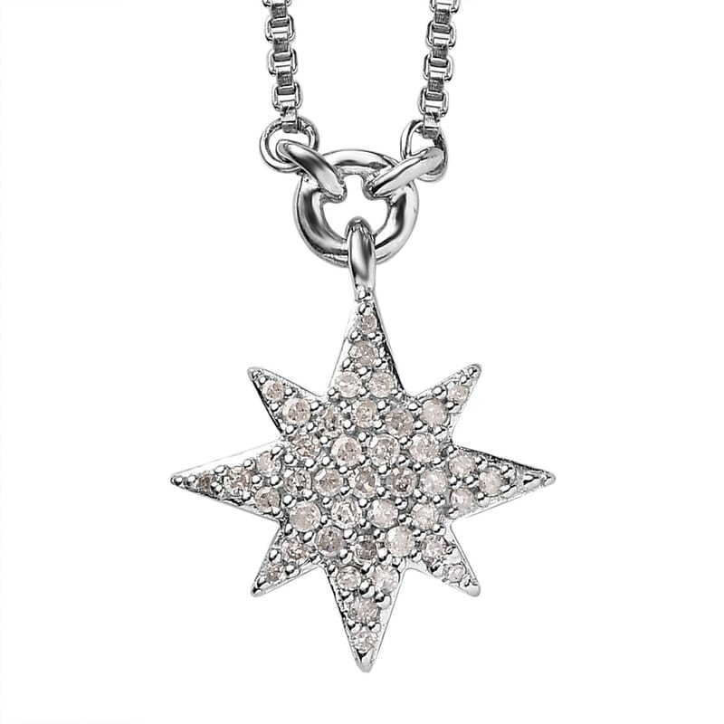 Diamond Celestial Star Burst Necklace 18-20 Inches in Rhodium Over Sterling Silver 0.33 ctw