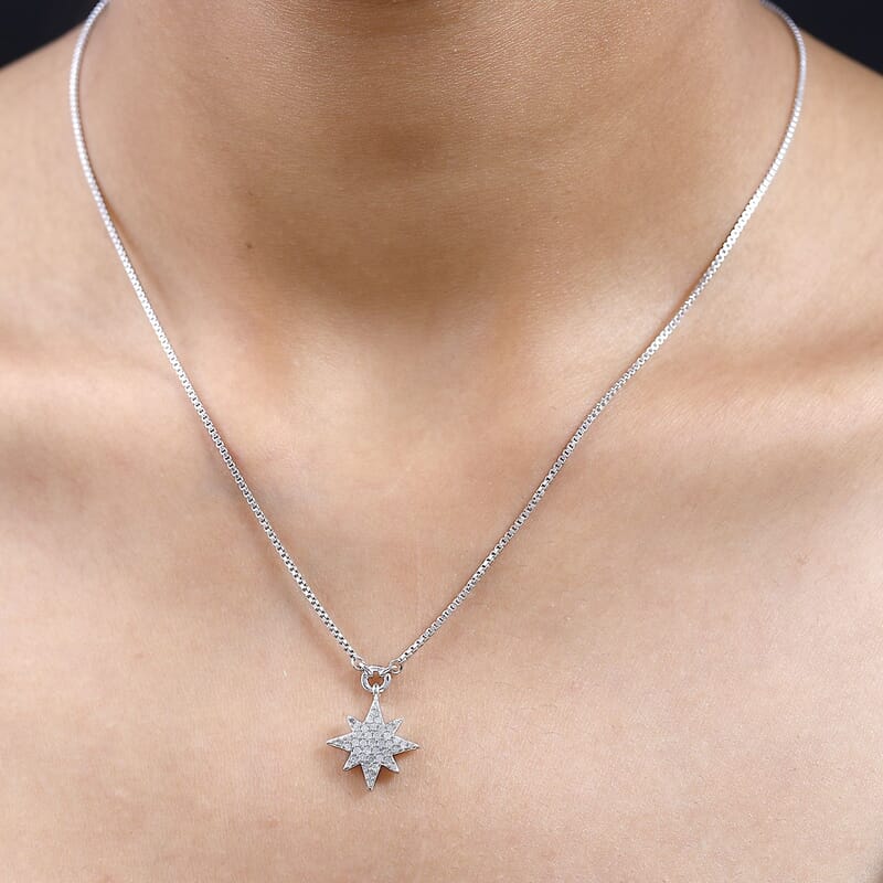 Diamond Celestial Star Burst Necklace 18-20 Inches in Rhodium Over Sterling Silver 0.33 ctw