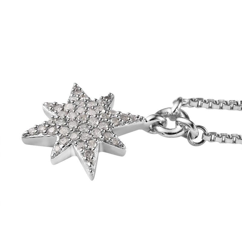 Diamond Celestial Star Burst Necklace 18-20 Inches in Rhodium Over Sterling Silver 0.33 ctw