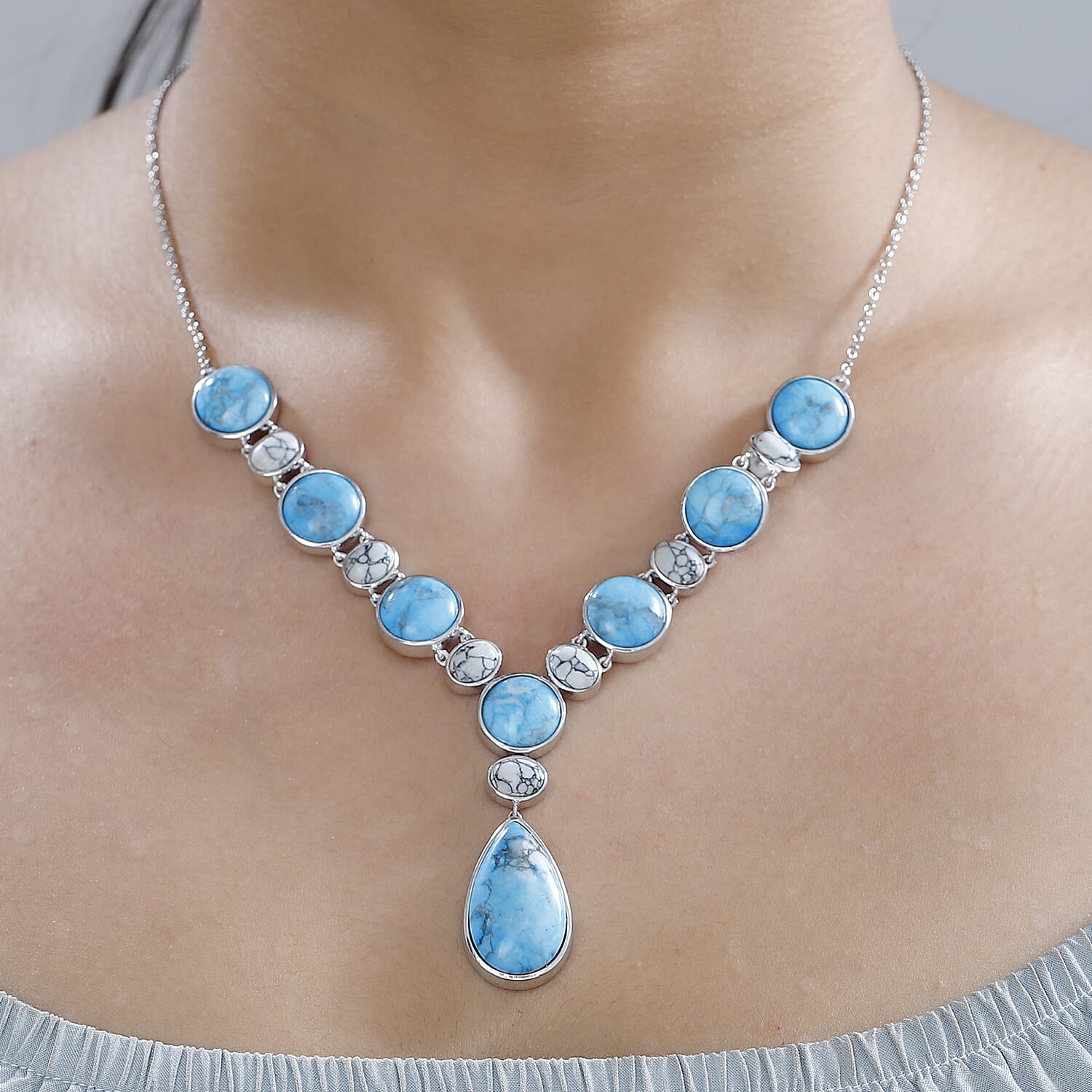 Karis Blue and White Howlite Deck of Cards Spade Symbol Signet Necklace in Platinum Bond with Stainless Steel Chain 18 Inches 51.40 ctw