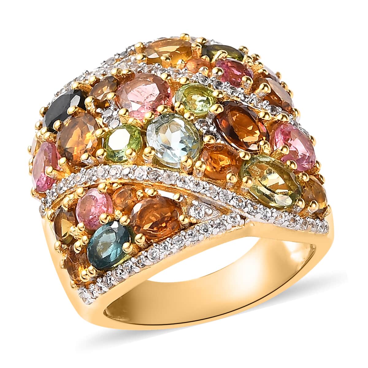 Multi-Tourmaline and White Zircon Ring in Vermeil Yellow Gold Over Sterling Silver (Size 7.0) 5.35 ctw image number 0