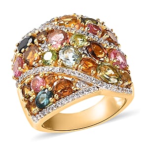 Multi-Tourmaline and White Zircon Ring in Vermeil Yellow Gold Over Sterling Silver (Size 7.0) 5.35 ctw