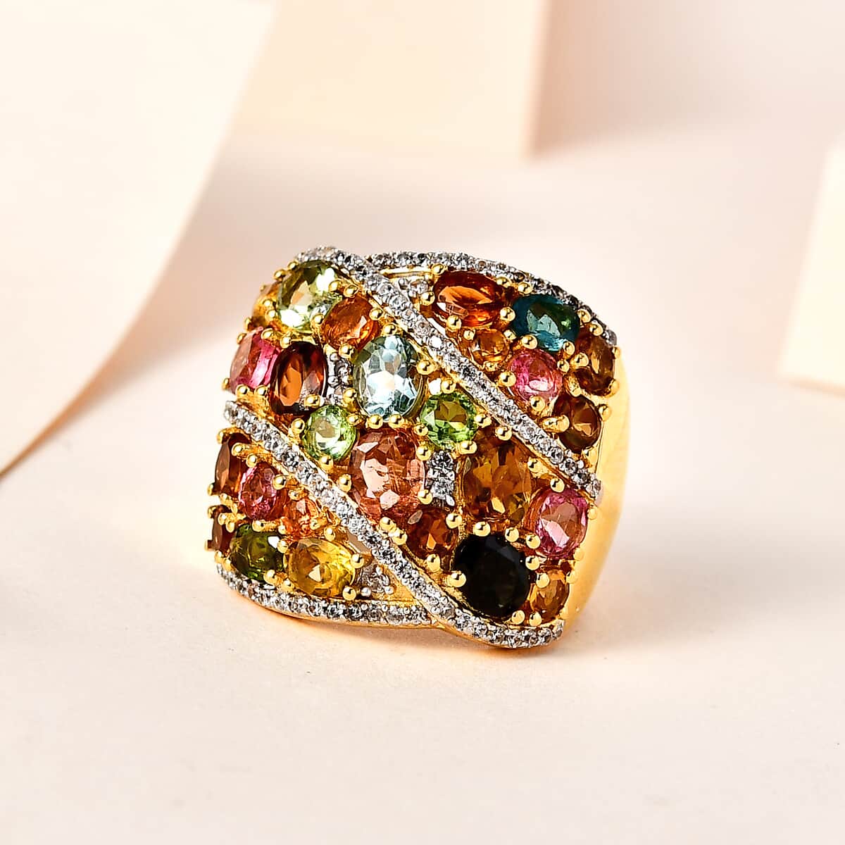 Multi-Tourmaline and White Zircon Ring in Vermeil Yellow Gold Over Sterling Silver (Size 7.0) 5.35 ctw image number 1