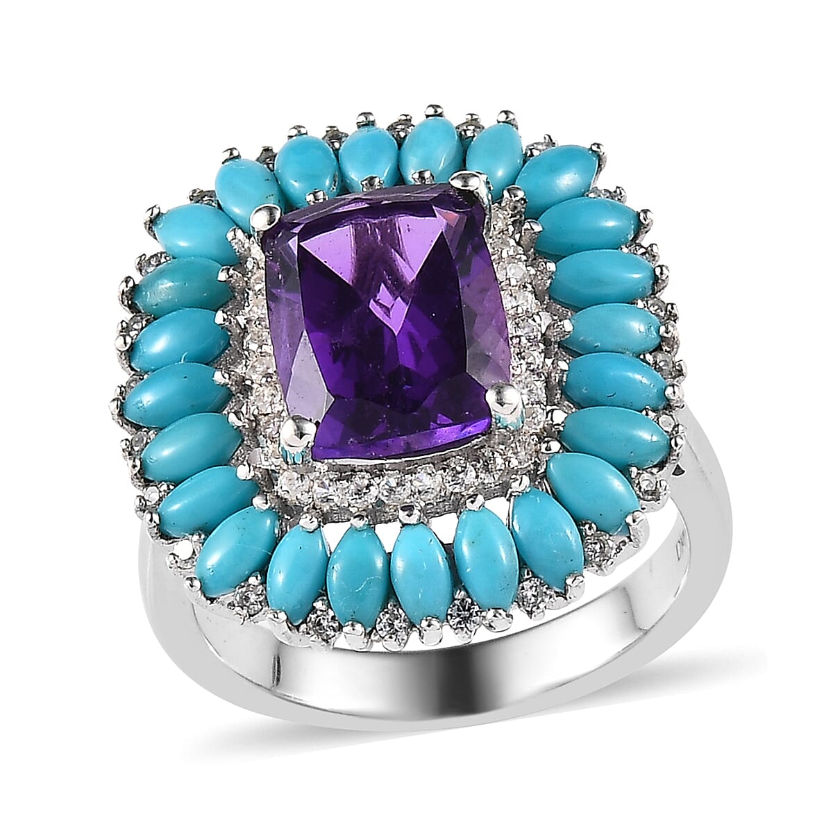 Premium Mashamba Amethyst and Multi Gemstone Floral Ring in Platinum Over Sterling Silver (Size 10.0) 5.40 ctw