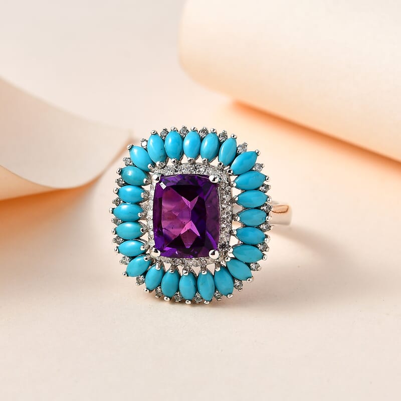 Premium Mashamba Amethyst and Multi Gemstone Floral Ring in Platinum Over Sterling Silver (Size 10.0) 5.40 ctw