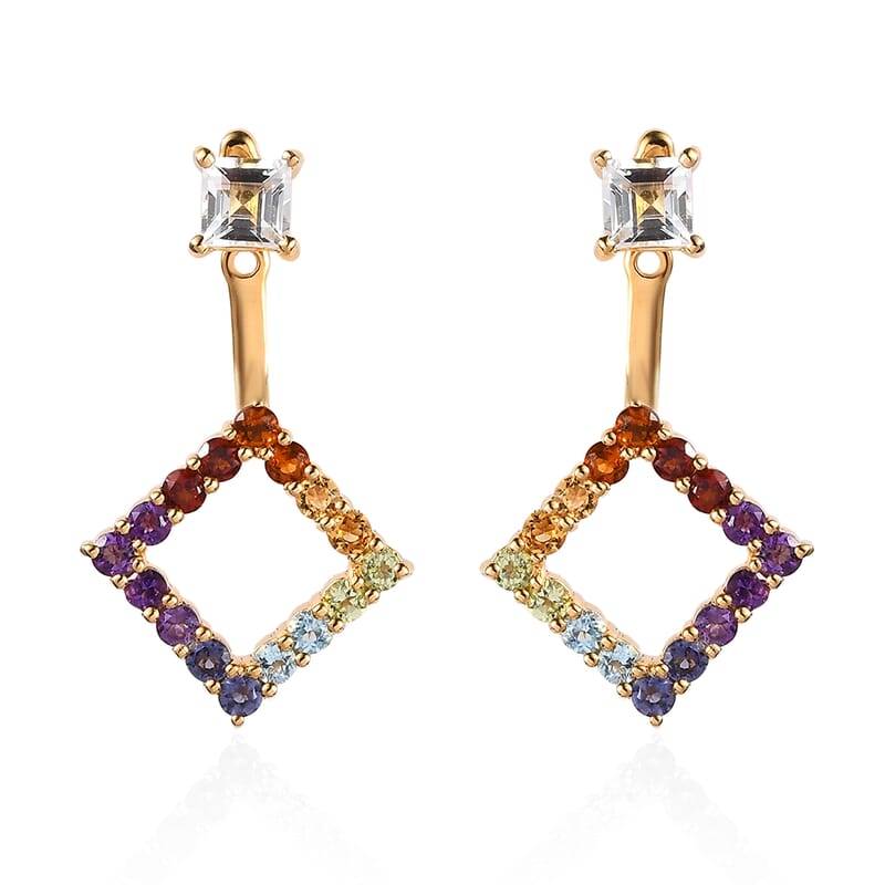 White Topaz and Multi Gemstone 2.20 ctw Fancy Earrings in 18K Vermeil Yellow Gold Over Sterling Silver