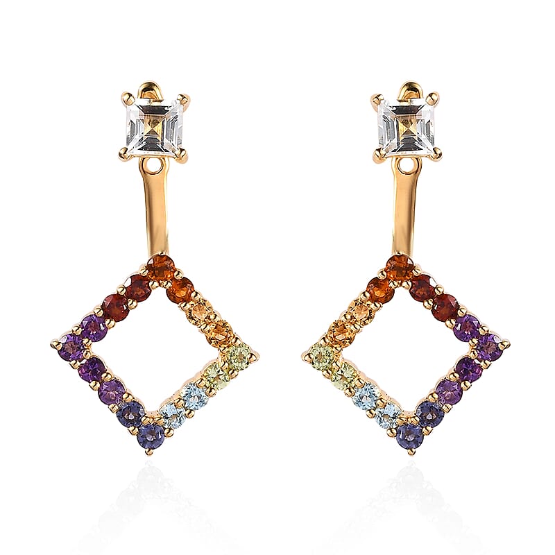 White Topaz and Multi Gemstone 2.20 ctw Fancy Earrings in 18K Vermeil Yellow Gold Over Sterling Silver