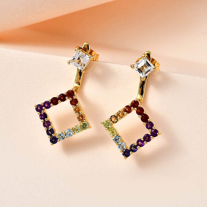 White Topaz and Multi Gemstone 2.20 ctw Fancy Earrings in 18K Vermeil Yellow Gold Over Sterling Silver