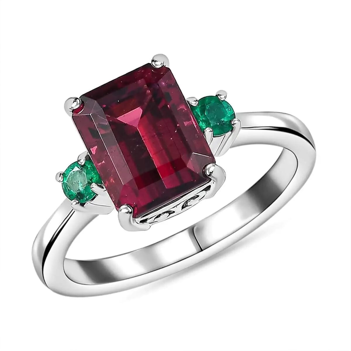 Certified & Appraised Rhapsody 950 Platinum AAAA Ouro Fino Rubellite and AAAA Boyaca Colombian Emerald Ring (Size 9.0) 6.10 Grams 2.50 ctw image number 0